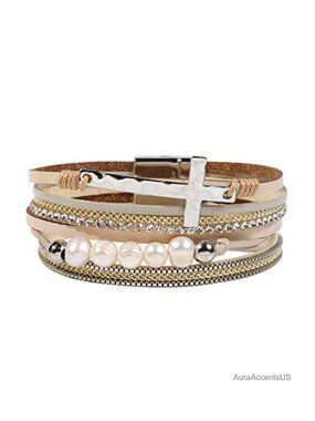 Leather Wrap Bracelet with Cross Charm Magnetic Clasp Women Cuff Bangle